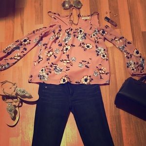 Pink floral open shoulder top